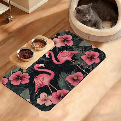 Pet Feeding Mat,Pink Flamingo Absorbent Dog Cat Food Mat Palm Leaves Dog Mat with Rubber Backing,Non-Slip Water Bowl Placemat,Pet Supplies 12" x 20"