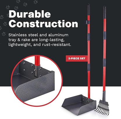 Pooper Scooper for Large Dogs, Small Dogs and Horses, Metal Poop Scooper Set with Long Handle Rake and Tray for Yard, Grass, Dirt or Gravel, Heavy Duty Aluminum Poop Picker Upper