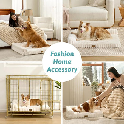 Cute Dog Bed, Faux Rabbit Fur Orthopedic Foam Dog Bed with Sides, Removable Washable Cover & Waterproof Lining, Comfortable Pet Couch for Extra Large Dogs, Cream (48" L x 35" W x 7.5" Th)