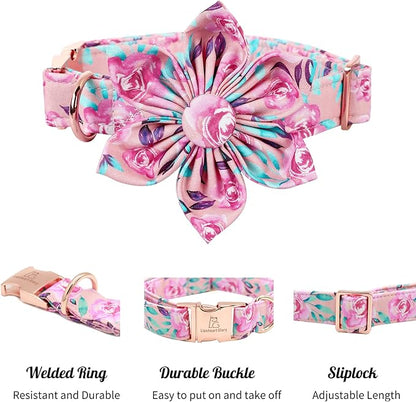 Lionheart Glory Dog Collar, Pink Dog Collar with Flower, Cute Floral Pattern Pet Collar Adjustable Dog Collar for X-Large Dogs