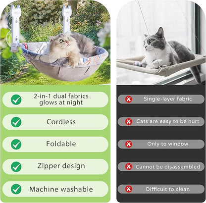 Cat Window Perch, Glow in The Dark Foldable Cat Hammock with Sunken Design & Removable Soft Cover, Breathable Cordless Window Bed for Resting Indoor Kitten (Deep Perch, 1 Pack - M)