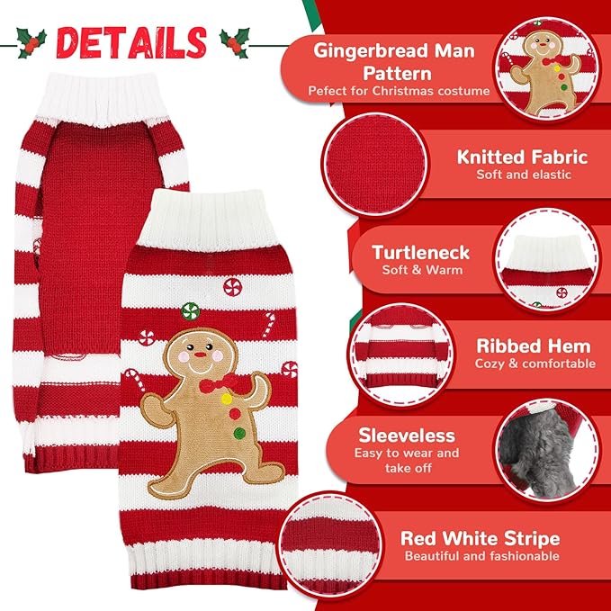 Dog Christmas Sweater Xmas Pet Clothes Cute Striped Gingerbread Man Costume Holiday Puppy Cat Jumpers Outfits New Year Gifts for Small Medium Large Dogs(Red Gingerbread Man,L)