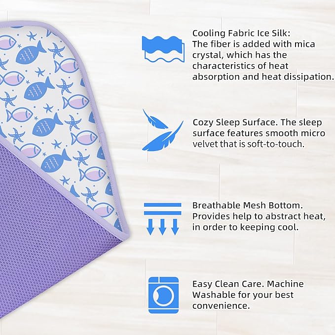 NWK Pack of 4 Pet Cooling Mat - Ice Silk Cooling Mat for Dogs & Cats Portable & Washable Pet Cooling Blanket, Car Seats, Beds for Summer (4pcs, Purple Fish, 39’’ X 27’’ X 0.3)