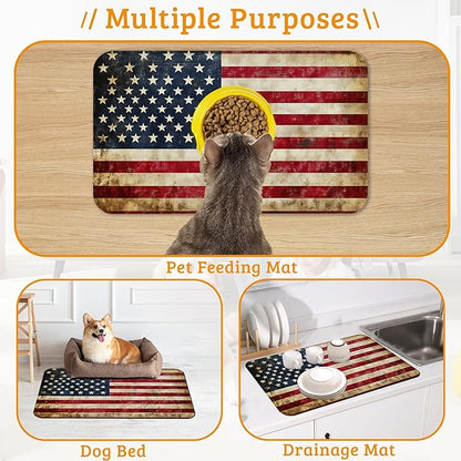 Retro Flag Dog Cat Food Mat,Absorbent Waterproof Placemat for Food and Water Non Slip Rubber Backing Durable Feeding Pad for Clean Floors 12" x 20"