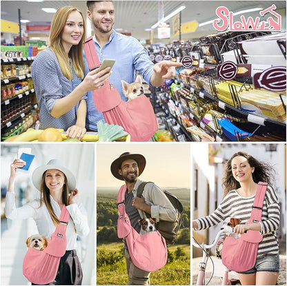 SlowTon Dog Carrier Sling - Thick Padded Shoulder Strap Adjustable Dog Carriers for Small Dogs, Puppy Carrier Purse for Pet Cat with Front Zipper Pocket Safety Belt Machine Washable (Peach, S)