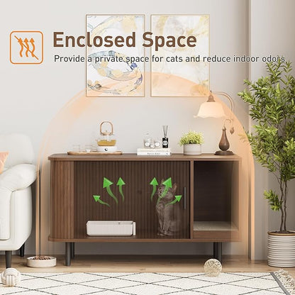 Cat Litter Box Enclosure with Cat Scratch Pad, Sliding Door, 37.4" Litter Box Enclosure Furniture Hidden Litter Box, Modern Indoor Cat House, TV Stand, Side End Table for Living Room, Walnut