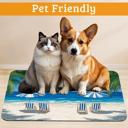 Pet Feeding Mat,Sea Beach Absorbent Dog Cat Food Mat Palm Tree Dog Mat with Rubber Backing,Non-Slip Water Bowl Placemat,Pet Supplies 16" x 24"
