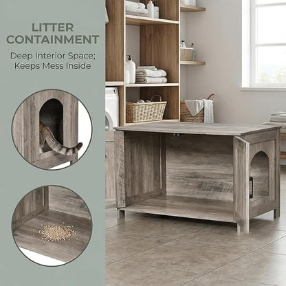 Homhedy Cat Litter Box Enclosure, Wooden Cat Washroom Furniture with Barn Door, Pet House, Fit Most of Litter Box, Greige