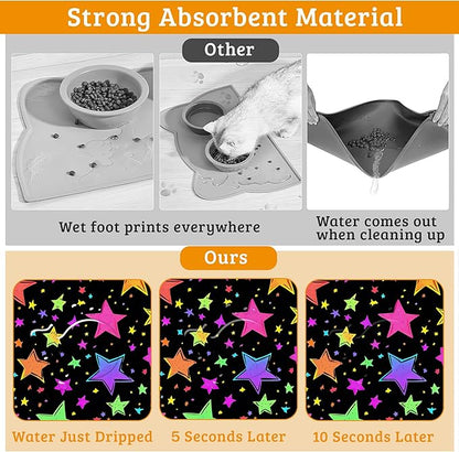 Neon Stars Dog Food Mat,Bright Colorful Absorbent Pet Feeding Mat for Food and Water Bowl,Quick Dry Dog Placemat Non Slip Rubber Backing Waterproof Pet Supplies 16" x 24"