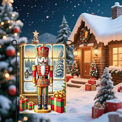 Christmas Garden Flag 12x18 Inch Nutcracker Soldier Decor Gift Box Snowy Pine Cottage Winter Forest Red Green Gold Classic Holiday Yard Lawn Outdoor Fence Decoration Tree Ornament Display