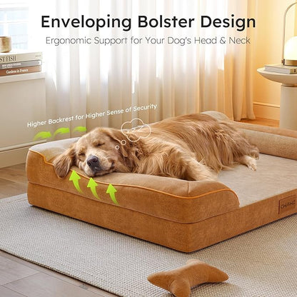 Jumbo Dog Bed for Extra Large Dogs, Orthopedic Dog Bed with Cooling Gel Memory Foam, Waterproof Pet Bed with Removable Washable Cover, 45" Pet Sofa Couch Dutch Velvet with Bone Toy, Brown
