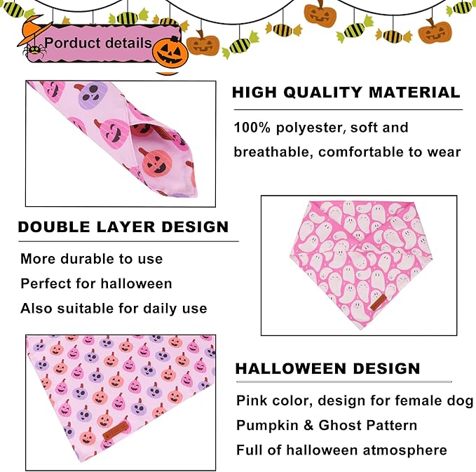 ADOGGYGO Pink Halloween Dog Bandanas 2 Pack, Reversible Ghost Pumpkin Scarf Bib, Adjustable Fit Pink Halloween Bandana for Medium Large Dogs Girl (Large)