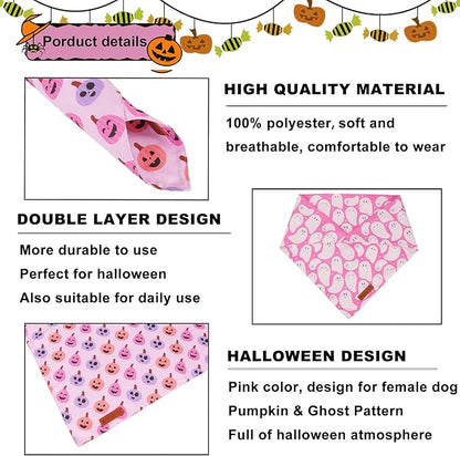ADOGGYGO Pink Halloween Dog Bandanas 2 Pack, Reversible Ghost Pumpkin Scarf Bib, Adjustable Fit Pink Halloween Bandana for Medium Large Dogs Girl (Large)