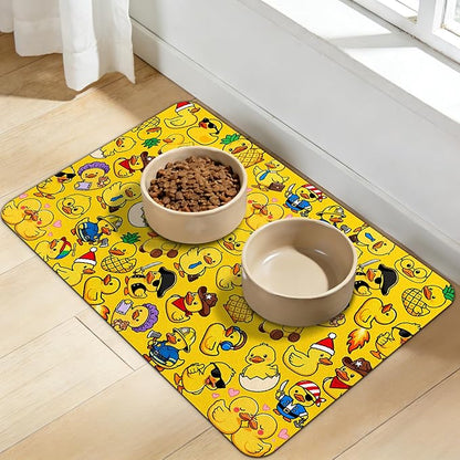 Dog Food Mat for Bowls, Absorbent Quick Dry Dog Cat Mats for Food and Water, Non-Slip Backing Pet Mat Pet Supplies - Duck Pattern