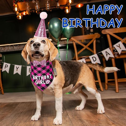 Dog Birthday Party Supplies, Dog Birthday Decorations with Birthday Girl Dog Bandanas/Dog Cat Birthday Hat/Dog Bow Tie/Collar with 0-8 Numbers, for Medium Small Dogs Pets (X-Large, Pink)