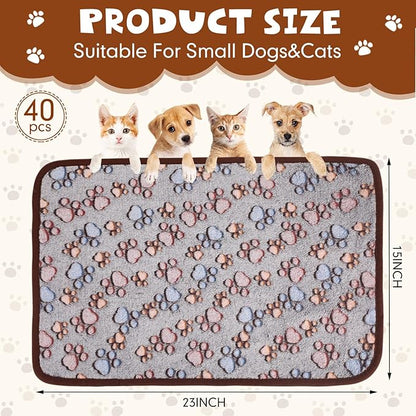 Chumia 40 Pcs Blankets Soft Fluffy Fleece Washable Pet Dog Sleep mat Paw Print Pattern Fleece Blankets for Pets Throw Warm Bed Mat for Dog Puppy Cat(24 x 16 Inch,Black)