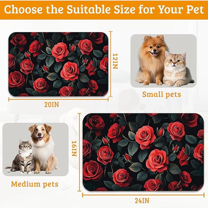 Retro Rose Feeding Mat,Green Leaf Absorbent Quick-Dry Cat Dog Food and Water Bowl Mats,Non-Slip Rubber Backing Mat,Cat Dog Accessories Supplies 16" x 24"