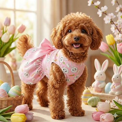 Easter Dog Dress with Bunny & Carrot Print, Festive Holiday Pink Spring Pet Outfit with Satin Bow for Small Medium Dogs