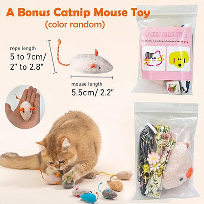 2 Pack Cotton Breakaway Cat Collars Set with Bell and Flower Pendant, Cute Floral Fruit Patterned, Adjustable 7.5-11Inch, Include A Mouse Toy Gift (Bowtie)