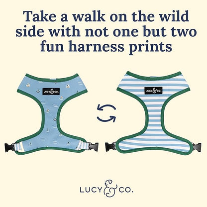 Lucy & Co. Set Sail Reversible Harness, Walking Halter - Best Designer Pet Harnesses for Medium Dogs - Padded Adjustable Vest for Easy Walking, Medium, Blue & White Stripes & Sailboats
