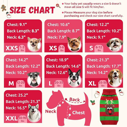 Dog Cat Christmas Sweater Boy Girl Ugly Reindeer Xmas Pet Clothes Holiday Puppy Costume New Year Gifts for Small Medium Large Dogs Outfits (XXS, Red Green Stripe Reindeer)
