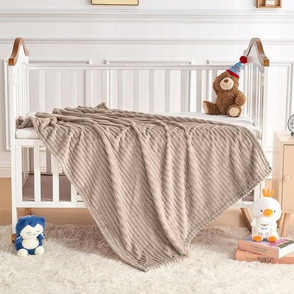 Soft Fleece Baby Blanket Ultra Cozy Baby Blankets for Boys Girls Warm and Lightweight Infant Toddler Newborn Receiving Gift with Reversible Stripes for Crib Stroller, 30x40 Inch, Linen