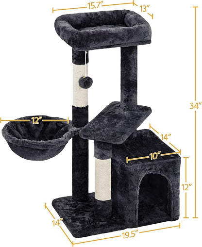 Topeakmart Cat Tree Tower for Indoor Cats, 34.5in Cute Cat Tree Activity Center with Condo & Scratching Post, Multi-Level Cat Climbing Tower Play House w/Large Perch, Platform, Basket, Black