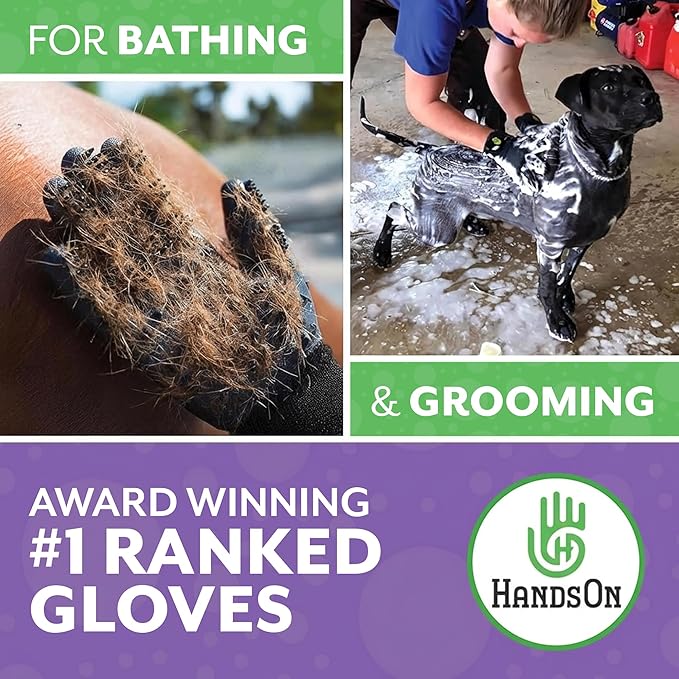 H HANDSON Pet Grooming Gloves - Patented #1 Ranked, Award Winning Shedding, Bathing, & Hair Remover Gloves - Gentle Brush for Cats, Dogs, and Horses (Mono Green, Large)