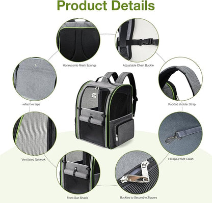 Lekebobor Large Cat Backpack Carrier Expandable Pet Carrier Backpack for Small Dogs Medium Cats Fit Up to 18 Lbs,Dogs Foldable Puppy Backpack Carrier for Travel, Hiking,Grey with Green Edge,L