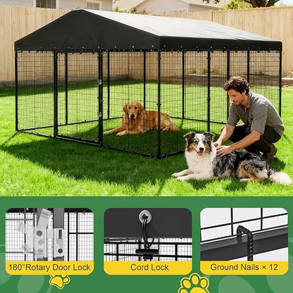 Gotland Dog Kennel Outdoor 10 x10 x6 FT, Dog Cage Outdoor for Medium/Large Dogs with Waterproof Roof Double Secure Locks Ground Spikes, All Weather Heavy Duty Dog Enclosure for Backyard Farm Ranch