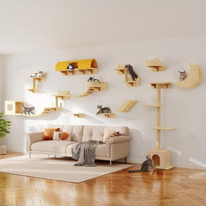 20-in-1 Cat Wall Shelves, Wall Mounted Pet Furniture w/Plush Fabric, Cat Climbing Wall System, 63'' Cats Tower w/Scratching Posts, Cats Shelf with 40''L Tunnel, Condos, House, Step and Ladder