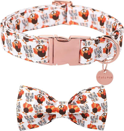 Thanksgiving Dog Collar with Bow Tie, Turkey Cotton Bowtie Collar for Puppy Girl Dog or Cat, Autumn Bow Tie Collar with Durable Metal Buckle, Turkeys Pet Collar,M, Neck 13.5-22in
