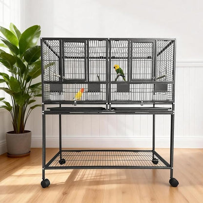 43'' Wrought Iron Birdcage with Detachable Rolling Stand & Feeder, Large Bird Cage with Secure Lock & Slide-Out Tray, Indoor Outdoor Bird Cage on Wheels,Parrot Cages for Parakeets, Pigeons, Black
