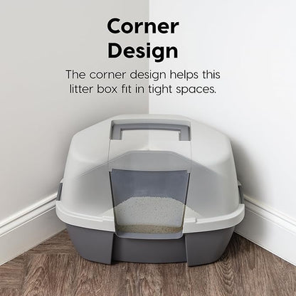 IRIS USA Corner Cat Litter Box Enclosure with Scoop, Small Cat Litter Box with Lid, Corner Litter Box Enclosure for Kittens to Medium Sized Cats, Odor Defensive Hooded Litter Tray, Dark Gray