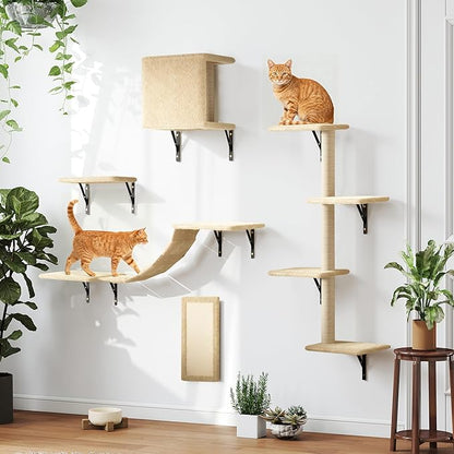 COZIWOW Wall Mounted Cat Furniture, Cat Wall Shelves and Perches, Floating Cat Shelves for Wall Set of 5(Beige)