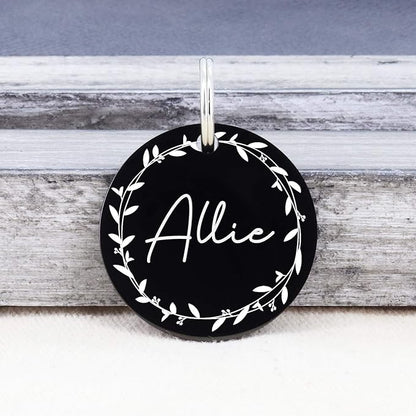UltraJoys Stainless Steel Pet ID Tag Dog Name Tags Personalized Front and Back Engraving, Customized Dog Tags and Cat Tags, Optional Engraved on Both Sides, Round Tag with Vine Design 2, Small Black