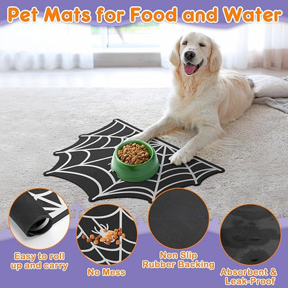 Pet Mats for Food and Water Dog Cat Food Mats Pet Feeding Mat Anti-Slip No Stains Quick Dry Floors Waterproof Placemat for Pet Food Water Bowl Mat Halloween Decorations - 23.6"x15.7" Spider Web