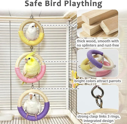 3-Ring Bird Swing Toy, Wrapped with Cotton Rope for Parrots Soft Grip, Thick Wood Parakeet Swing Perch for Cage, Hanging Climbing Bird Toys for 2-3 Parrots Budgies, Lovebirds, Cockatiels