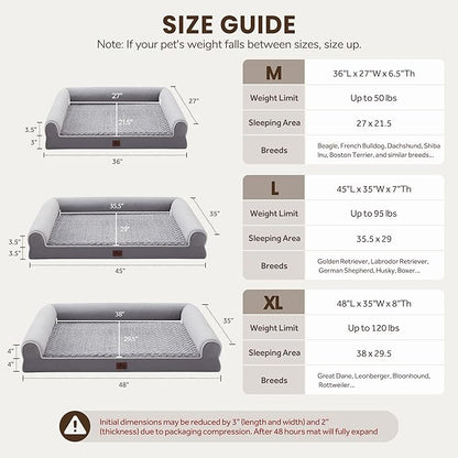 Large Dog Beds Large Sized Dogs, Orthopedic XXL XL Dog Bed for Medium Size Dogs, Big Waterproof Couch Sofa with Removable Washable Cover for Pet, Light Grey, 36"*27"*6.5"
