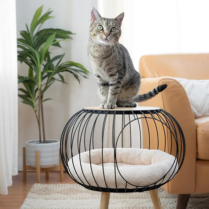 Kitty City Modern Cat Bed with Wooden Side Table, Elevated Indoor Cat Lounge Furniture with Removable Sherpa Cushion, Stylish Cat Bed for Home Décor
