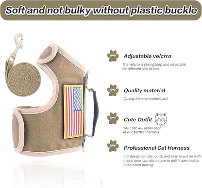 Tactical Cat Harness and Leash for Walking Escape Proof, Adjustable Cat Walking Jackets, Padded Stylish Cat Vest, Khaki, XX-Large