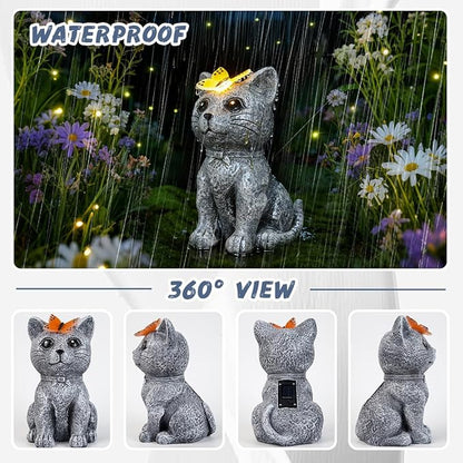 Solar Cat Garden Statues Outdoor Decor with Butterfly for Waterproof Yard Lawn Patio Balcony Porch Home Decor, for Mom Grandma Women Housewarming