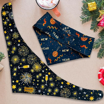 Happy New Year Dog Bandanas with Snap Button, 2 Pack Adjustable Bandanas for Small, Medium, and Large Dogs, Pet Scarf for Holiday Costume Accessory & Photo Shoot (X-Large)