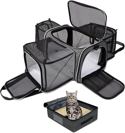 BAGLHER Expandable Cat Carrier with Travel Litter Box, Pet Travel 5 Sides Open Doors 3 Sides, Leak-Proof and Collapsible, for Car, Airplane Trip, Grey