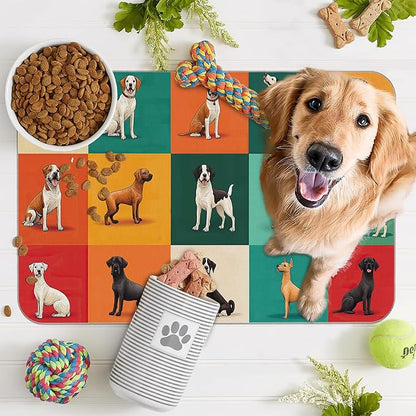 Cute Dog Cat Food Mat,Absorbent Pet Feeding Mat for Food and Water,Non-Slip Dog Bowl Mats Floor Protector 12"x20"