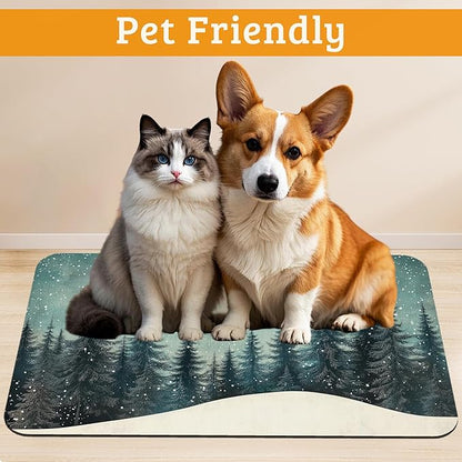 Pet Feeding Mat,Abstract Forest Absorbent Dog Cat Food Mat Moon Dog Mat with Rubber Backing,Non-Slip Water Bowl Placemat,Pet Supplies 16" x 24"