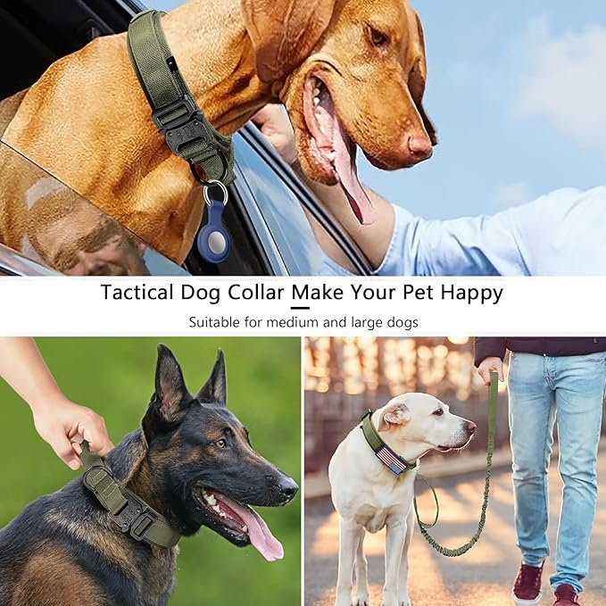 DAGANXI Tactical Dog Collar, Adjustable Military Training Nylon Dog Collar with Control Handle and Heavy Metal Buckle for Medium and Large Dogs, with Patches and Airtags Case (XL, Green-Set)