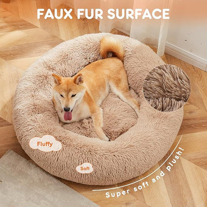 Sweetcrispy Donut Dog Bed, XL Large Round Calming Cat Bed with Washable Waterproof Cushion, Anti-Anxiety & Anti-Slip Fluffy Cuddle Cozy Faux Fur Plush for Pet Puppy Indoor Sleeping(37.4"x3.47",Brown)