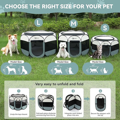 Dog Cat Playpen, Puppy Pet Playpen Indoor for Small Dog Crate Tent Cage Outdoor, Portable Pop Up Dogs Enclosure Kennel with Carrying Case for Dogs/Cats/Rabbits(Grey, Small