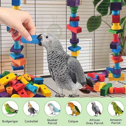 Bird Toys for Parrots, 200 Pcs Colorful Multi-Shaped DIY Wooden Blocks Craft, Natural Parrot Chew Training Foot Toy for Amazon African Grey Cockatiels Conure Monk Parakeet